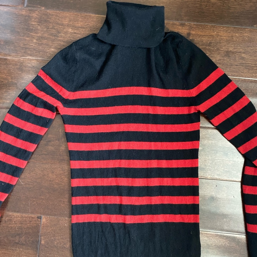 Michael Kors Super Lux Cashmere Crimson & Black Striped Turtleneck